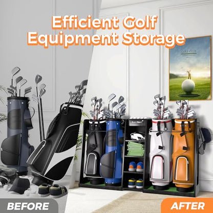 SuniBoxi Golf Organizer for Garage, XL Wooden Golf Bag Storage Rack for 4 Bags, Clubs, Balls & Equipment, Heavy-Duty Golf Bag Holder, Ideal Gift for Golfers, Dad, Husband(4 Bags,Dark Black) - size: 4 Bags