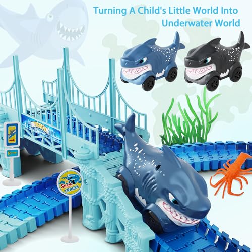 Track Race Car Toys for Kids, Create A Ocean World Race Road, Flexible Tracks Playset & 2PCS Cool Shark Cars, Toddler Toys Birthday Gifts for Age 3 4 5 6 Year Old Boys Girls - color: Blue-shark