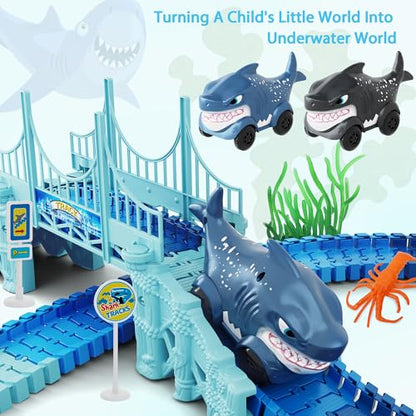 Track Race Car Toys for Kids, Create A Ocean World Race Road, Flexible Tracks Playset & 2PCS Cool Shark Cars, Toddler Toys Birthday Gifts for Age 3 4 5 6 Year Old Boys Girls - color: Blue-shark
