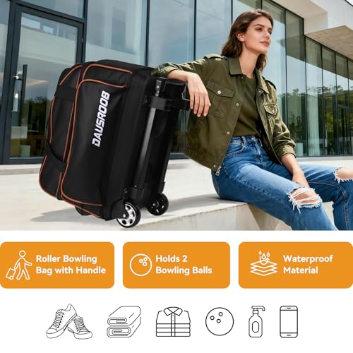 2 Ball Bowling Bag with Wheel,900D Oxford Waterproof PU,Dual Roller Bowling Bag with Sturdy Frame,Large Shoe Compartment Fits Up to Men’s 16,Rolling Bowling Tote, Handle Extends to 39.5" - color: Black