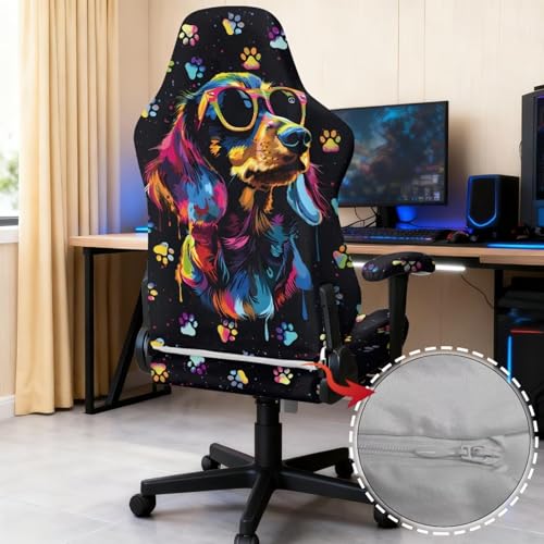 Dachshund Dog Print Computer & Gaming Chair Slipcover Dog Paw Print Gaming Chair Covers Slipcovers 4Pcs with Armrest Cover Universal Fit Office Desk & Racing Computer Gamer Chairs - color: Black - Dachshund Dog Dog Paw