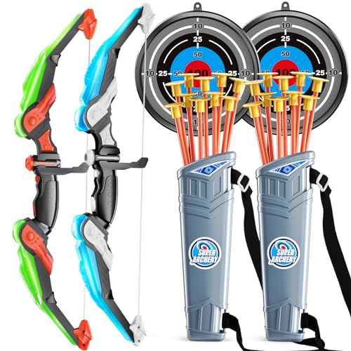 TEMI Bow and Arrow Set for Kids - Archery Toy Set - LED Light Up with Suction Cup Arrows, Target & Quiver, Indoor and Outdoor Toys for Children Boys Girls - color: Green With Blue