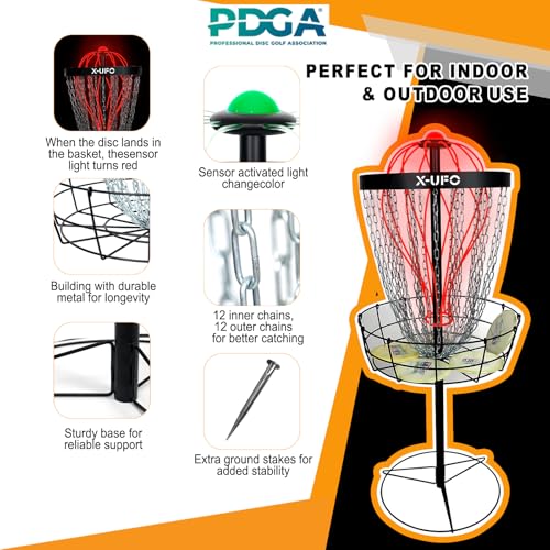 Portable Disc Golf Basket with 24 Chains and LED Sensor Lights for Night Practice - Stable Pole Base/12 Light Guide Strips