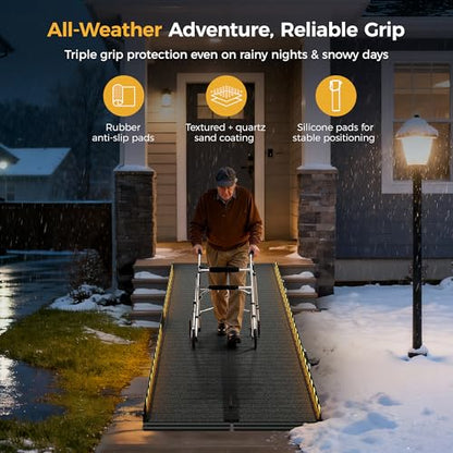 CAMMOO 8 FT Portable Wheelchair Ramp-800LBS Heavy-Duty, High-Strength Aluminum Alloy with 4 Adjustable Legs, 4 Wheels, Triple Anti-Slip and Seamless Design, Ideal for Home Steps, Threshold, Doorways - size: 8 FT