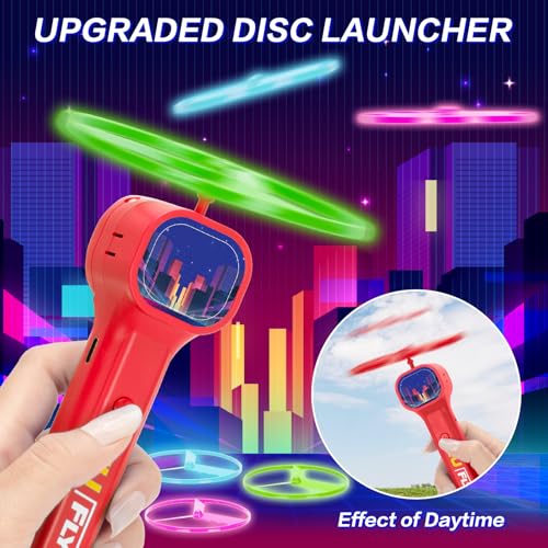 Rechargeable Disc Launcher with 6 Flying Spinners for Outdoor Activities Game White Elephant Gift Fidget Toys (Red) - color: Red