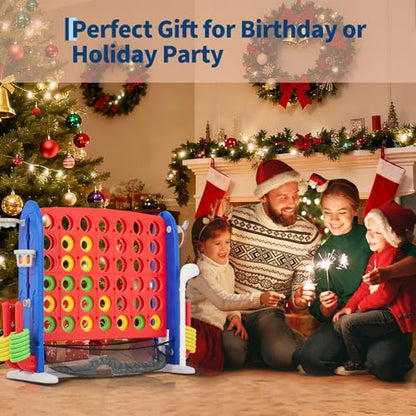 Giant 4 in a Row Game,Adjustable Height Board Jumbo 4-in-a-Row Game with Quick-Release Slider,Mini Basketball,Golf & Ring Toss Set for Family Party, Outdoor & Indoor