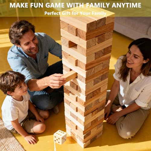Giant Tumbling Tower Game 60 PCS, Outdoor Games for Adults & Families, 5.3 FT Premium Wooden Blocks Stacking Games with Carry Bag for Backyard, Lawn, Party, Camping