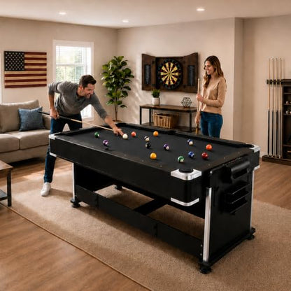 4-in-1 Multi Game Table – Pool Table,Air Hockey Table,Ping Pong Table & Dining Table Combo with Flip-Top Design,Includes Full Accessories.7ft Billiard Tables for Living Room,Bar,and Game Room. - color: Black