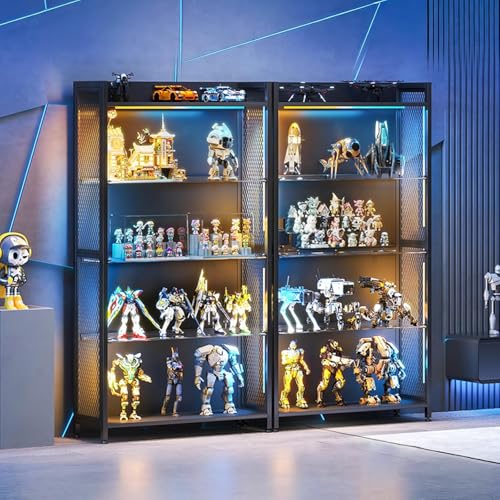 AODK Display Case with LED Lights, Display Cabinet with Glass Storage Shelves and Industrial Metal Mesh, 4-Tier Display Shelf for Collectibles, Curio Cabinet with Open Shelf, Black Book Shelf - color: Black