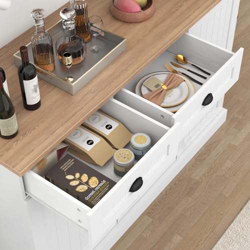 Gyfimoie Sideboard Buffet Cabinet with 2 Drawers, Farmhouse Kitchen Pantry with Adjustable Shelves, Coffee Bar Cupboard Cabinet with 3 Doors for Kitchen, Dining Room (White) - color: White