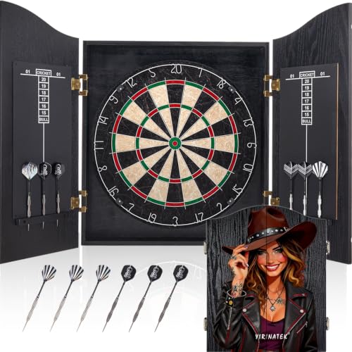 Sisal Dart Board Cabinet Sets, Decorative Dart Boards for Adults [6*Steel Darts] - Wooden Dartboard Cabinet with Integrated Scoreboard for Family Game Rooms - [Cowboy 01]
