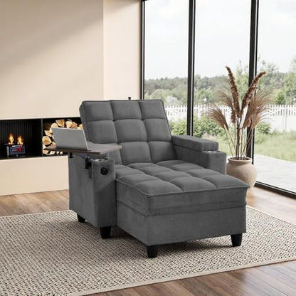 oaaktu Modern Tufted Linen Fabric Chaise Lounge Sofa Chair with Rotating Side Table,Storage,Pillow,USB Charging Ports and Adjustable Backrest Perfect for Living Room, Small Spaces (12-Dark Gray) - color: 12-dark Gray