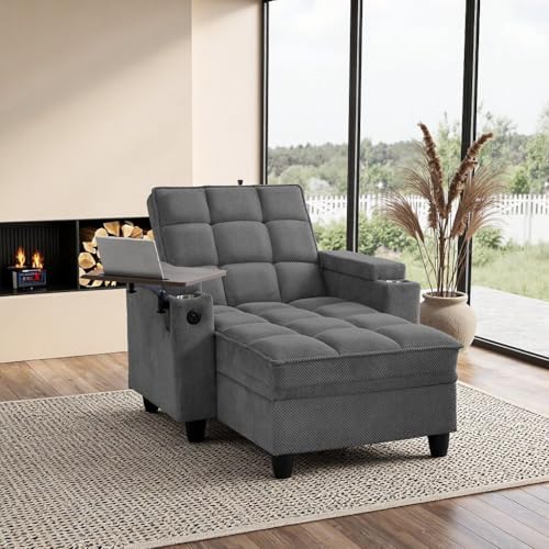 oaaktu Modern Tufted Linen Fabric Chaise Lounge Sofa Chair with Rotating Side Table,Storage,Pillow,USB Charging Ports and Adjustable Backrest Perfect for Living Room, Small Spaces (12-Dark Gray) - color: 12-dark Gray