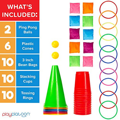 Play Platoon 38 Piece Carnival Games for Kids - Indoor Obstacle Backyard Course, Bean Bag Toss, Ring Toss, Cones, Cups, Games for Kids, Family Party Outdoor Inside