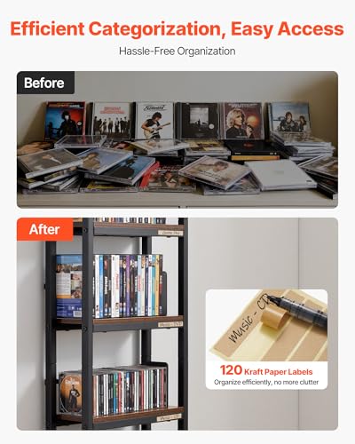 VEVOR Media Storage Cabinet, 4-Shelf DVD Shelf Organizer with Drawers, 15.75 x 11.81 x 56.50 in Multimedia Storage Organizer for CDs, DVDs, Books and Games, CD Cabinet for Living Room, Home Office