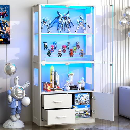 Display Cabinet with Glass Doors, 4-Tier Display Case with 3-Color Lights & Human Body Sensor, Storage Cabinets with 3 Shelves & 2 Drawers for Collectibles/Living/Dining/Game Room, White - color: White