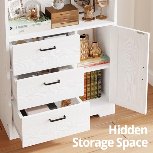 IRONCK Bookshelf with Doors and 3 Drawers 71 in Tall Bookcase with 3-Tier Shelves, Industrial Book Shelf with Storage for Living Room Entrance Hallway Home Office, White - color: White