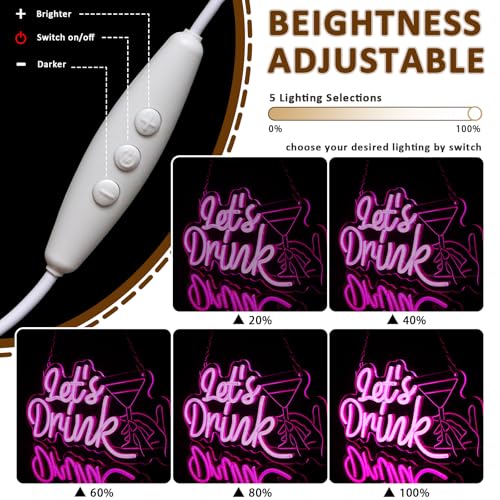 Let's Drink Neon Sign for Wall Decor, Pink Led Signs for Cocktail Bar, USB Dimmable Cocktails Neon Lights for Beer Bar Kitchen Restaurant Home Pub Party Man Cave Club Shops Business - style: Lets Drink