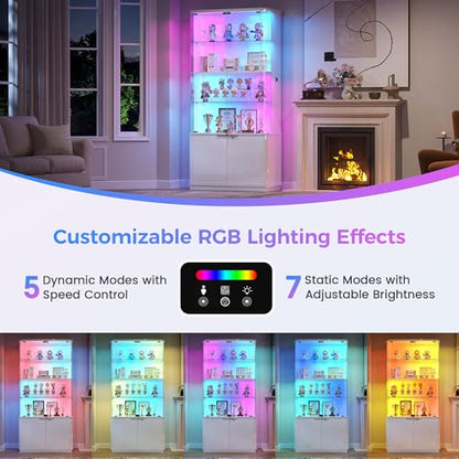 Dystler 71" Locking Glass Display Cabinet, 6-Tier Curio Case with RGB Light | Key Lock, Tempered Glass Shelves, RGB Motion-Sensor Lights, App Control, Curved Safety Edges, for Trophies & Figures - color: White