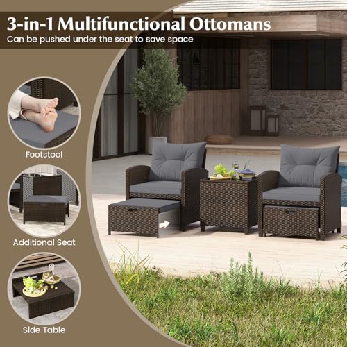 Tangkula 5 Pieces Patio Conversation Set, PE Wicker Rattan Outdoor Furniture Set with 2 Chairs, 2 Ottomans & Tempered Glass Coffee Table, Ideal for Poolside, Backyard, Lawn, Deck, Mix Brown & Grey - color: Mix Brown & Grey