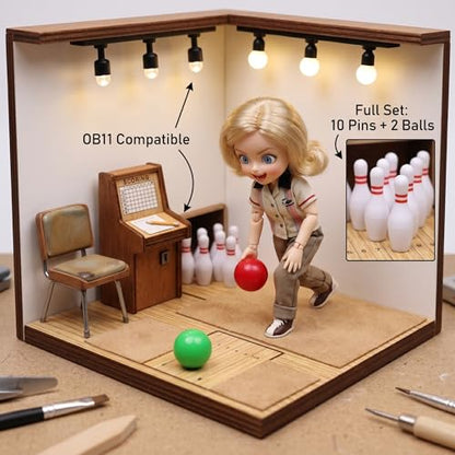 Mini Bowling Set, 10 Mini Bowling Pins & 2 Balls Plastic Dollhouse Accessories for DIY Scene Landscape