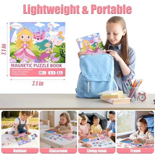 Magnetic Puzzles for Kids 3-5, 3-in-1 Princess Unicorn Mermaid Travel Puzzles for Kids Ages 4-6, Car Airplane Road Trip Activities Toys, Gifts for Girls