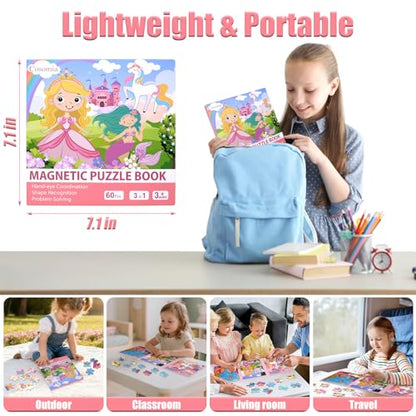 Magnetic Puzzles for Kids 3-5, 3-in-1 Princess Unicorn Mermaid Travel Puzzles for Kids Ages 4-6, Car Airplane Road Trip Activities Toys, Gifts for Girls