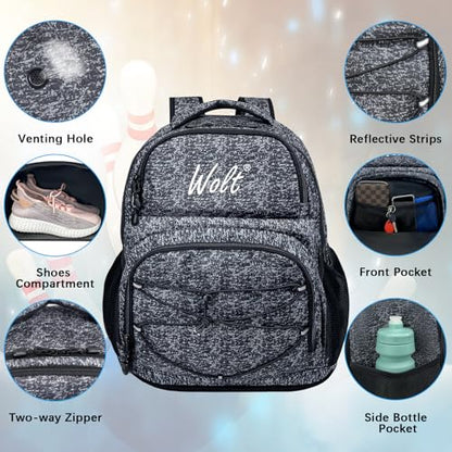 WOLT Bowling Ball Bag,2 Ball Bowling Backpack with Protective Foam Padded & Shoe Compartment Fits Up to Mens Size 16 - color: Healthygrey