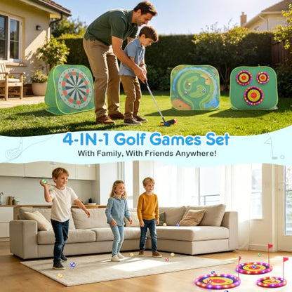 DyBaxa Light Up Golf Game, 4 in 1 Kids Golf Set with 3 LED Targets, Putting Mat, 20 Balls, 1 Golf Clubs, Indoor & Outdoor Summer Golf Chipping Game for Kid, Gifts for Boys and Girls Aged 3+