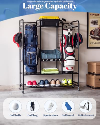 Mythinglogic Golf Bag Storage Rack with Wheels, Large Golf Organizer for Garage, Holds 2 Golf Bags, Golf Storage Stand with Shelves and Hooks for Shoes, Balls, Towels and Golf Accessories | large capacity, lockable casters, hold up to 2 golf bags