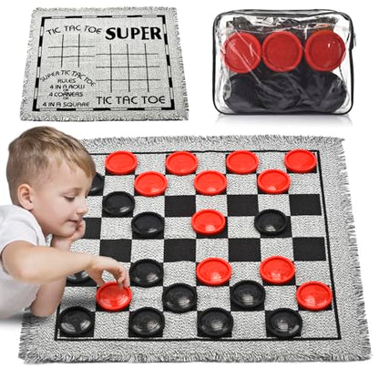 Giant Checkers Board Game Set,3 in 1 Jumbo Tic Tac Toe Game,Classic Checkers Board Game for Kids & Adults,Large Checkers Rug Game Mat,Indoor Outdoor Game for Family Camping Party