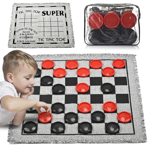Giant Checkers Board Game Set,3 in 1 Jumbo Tic Tac Toe Game,Classic Checkers Board Game for Kids & Adults,Large Checkers Rug Game Mat,Indoor Outdoor Game for Family Camping Party