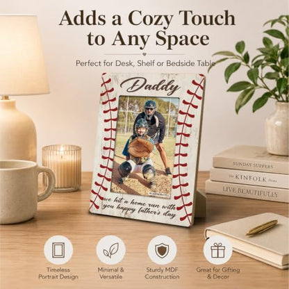 Baseball Dad Picture Frame, God Hit Home Run, Happy Daddy Gift from Kids, Home Bedroom Desk Shelf Table, Wood Sports Gifts