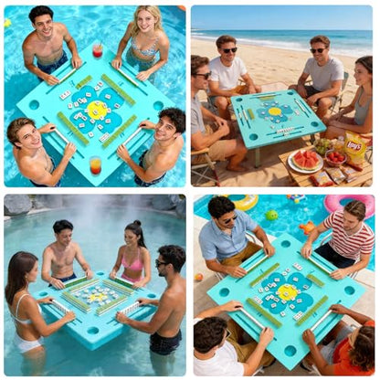 Floating Mahjong Table for Pool, Double-Sided Waterproof Game Tray with Cup Holders, EVA Floating Game Table for Pool, Pool Mahjong Table Floating for Mahjong, Poker, Cards, Dominoes & Scrabble