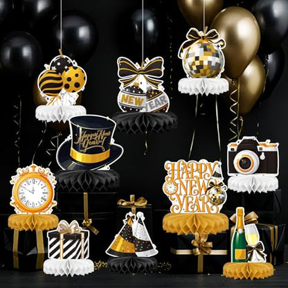 Happy New Year Party Decorations Bundle - Includes New Years Eve Honeycomb Centerpieces ，New Year Table Toppers, for Classroom Decor, New Year & Birthday Party Supplies - style: New Year