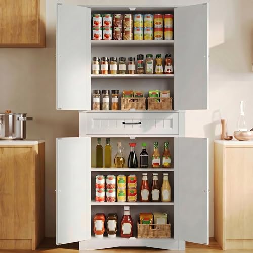 Gizoon 71'' Kitchen Pantry Storage Cabinet, Freestanding Pantry Organizers and Storage Cabinet with 4 Doors and 4 Adjustable Shelves, Tall Cabinet with Large Drawer for Kitchen, Living Room, Bathroom - color: White
