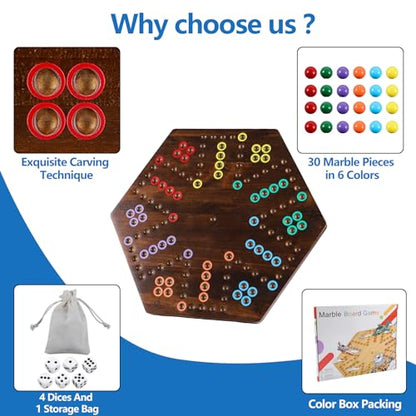 Large Size 20 inches Wood Wahoo Marble Board Game 2 Sided Game 4-6 Player for Friends and Family Party, Classic Wahoo Style Strategy Racing Game with 6 Dices,30 Marbles (Rustic Brown) - color: Large, Rustic Brown