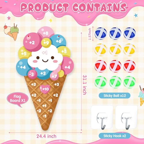Seenelling Ice Cream Party Game 26 x 14 Ice Cream Dart Board with 12 Sticky Balls Toys Summer Games Two Sweet Birthday Decorations Three Scoops of Fun Birthday Decor Party Favors - size: 26 x 14", style: Ice Cream