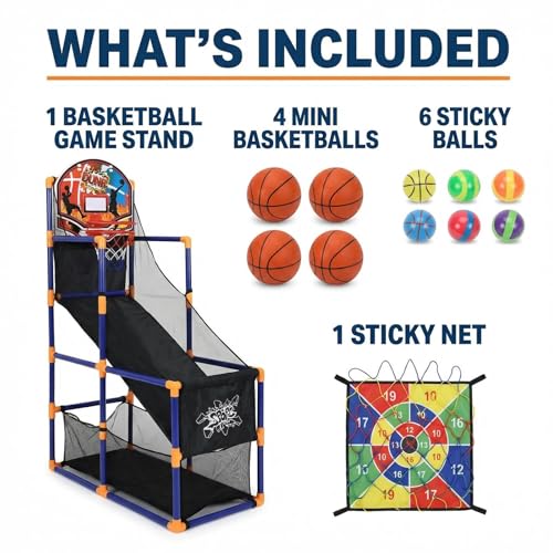 OUTLANE Kids Basketball Game Set, Basketball Hoop Stand for Kids, 56'' Basketball Shooting Toy with 4 Mini Balls, 6 and 1 Sticky Net, Indoor Outdoor Arcade Basketball Game for Boys and Girls