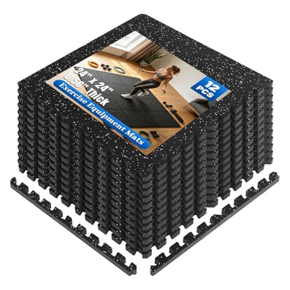 Rubber Gym Floor Mats, 12 Tiles 48 Sq Ft, 0.56" Thick Heavy Duty Gym Flooring for Home Gym, Exercise Equipment Mat for Treadmill, Weightlifting & Workout Area, Non-Slip Protective Flooring