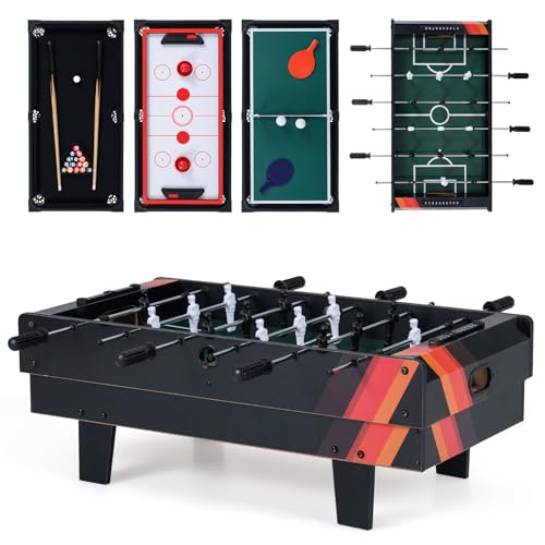 Goplus 4 in 1 Multi Game Table, Combination Game Table Set with Pool Billiards, Air Hockey, Foosball, Table Tennis, Stackable Combo Tabletops for Home, Play Room, Party Family Night - color: Black