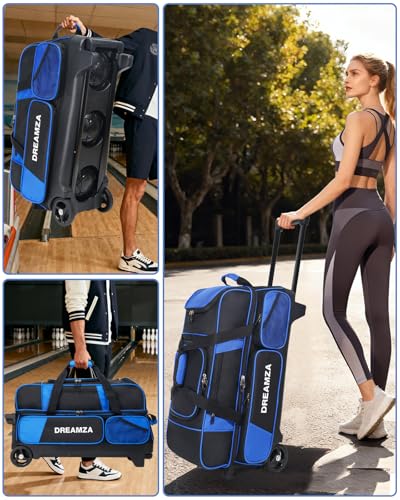 3 Ball Bowling Bags with Wheels & Shoe Pocket, Premium Bowling Ball Bag 3 Ball Roller, Effortless-Rolling 3 Ball Bowling Bag w/Multi-Storage Pockets & Telescopic Handle Extends to 40'' - color: Blue