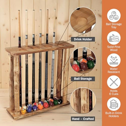 Rush Creek Creations Rustic Pine Billiard Pool Cue Rack for up to 6 Cues and 16 Billiard Balls, Floor Standing Pool Stick Holder with Cup Holders