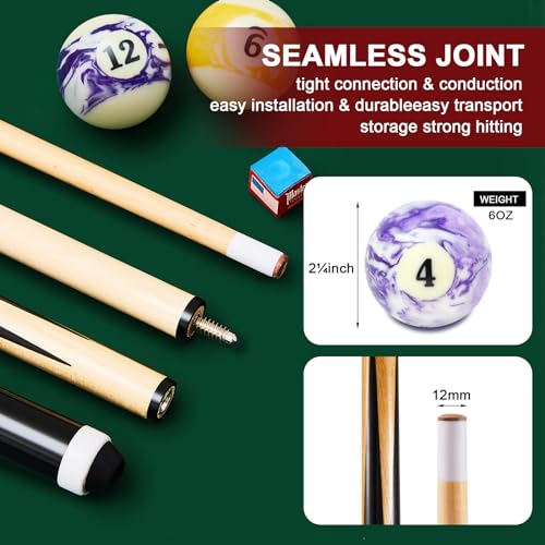 Outus 71 Pcs Premium Pool & Billiard Table Accessories Set – Pool Balls, Cue Sticks with Tips, Triangle Rack, Chalks, Brush Spot Stickers for Home Family & Beginner Practice - style: Marble Style Balls