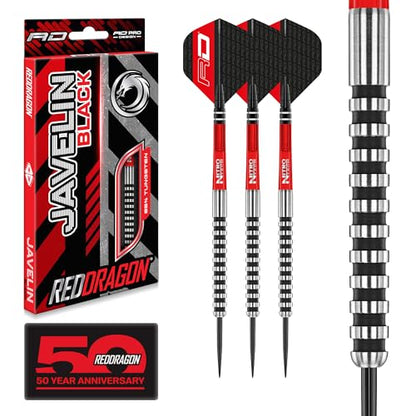 RED DRAGON Javelin Black Steel Tip Darts Set - 85% Tungsten Long Barrel Darts with Flights & Shafts - Available in 20g, 22g, 24g & 26g Weights