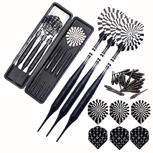 Soft Tip Darts Set for Electronic Dart Board 22g Plastic Tip Darts Set with Brass Barrels&Aluminum Shafts, 6 Flights 3 Spare Plastic Dart Shaft 20 Soft Tips Portable Case (22g-Silver&Black)