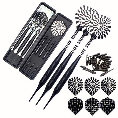 Soft Tip Darts Set for Electronic Dart Board 22g Plastic Tip Darts Set with Brass Barrels&Aluminum Shafts, 6 Flights 3 Spare Plastic Dart Shaft 20 Soft Tips Portable Case (22g-Silver&Black)