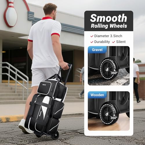 Bosynoy 3 Ball Bowling Bags with Wheels, Single Ball Tote+2 Ball Bowling Bag with Shoe Compartment (Up to US Men Size 16), Bowling Ball Bag 3 Ball Roller with Insulated Pockets, Black