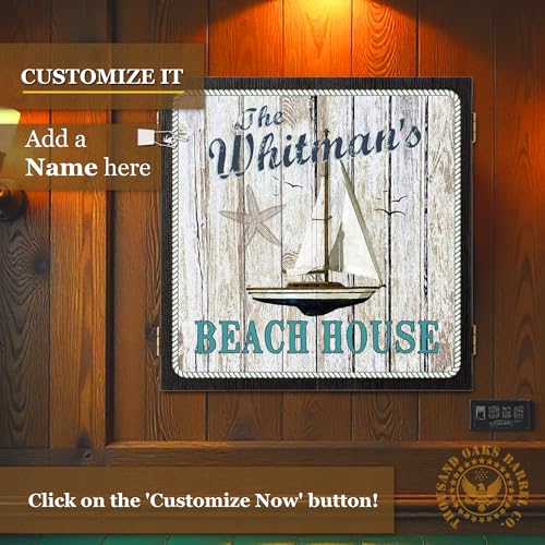 Personalized Dart Board Cabinet Set with 6 Steel Tip Darts, Paper Dartboard, Chalk & Eraser (21.5 x 21.5 x 2.75) - Man Cave Dart Boards for Adults - style: Beach House
