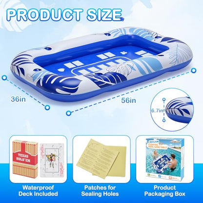 56IN Oversize Floating Card Game Table for Pool with Waterproof Cards - Inflatable Floating Card Table for Adults, Snack Drink Tray with Cup Holders, Hot Tub Lake Summer Beach Fun Accessories